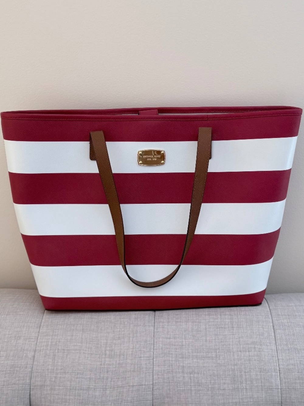Michael Kors Jet Set Travel Red White Stripe Saffiano Leather Large Tote Bag
